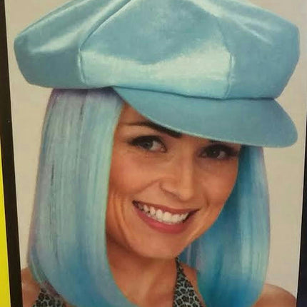 Light Blue Glitter Cap with Attached Blue Hair Wig Party Go Go Girl