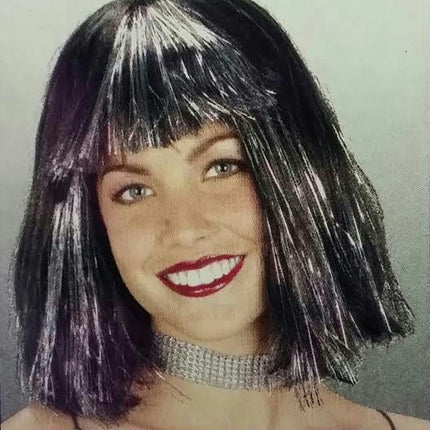 Black Silver Tinsel Bob Wig With Bangs Sparkle Cleopatra