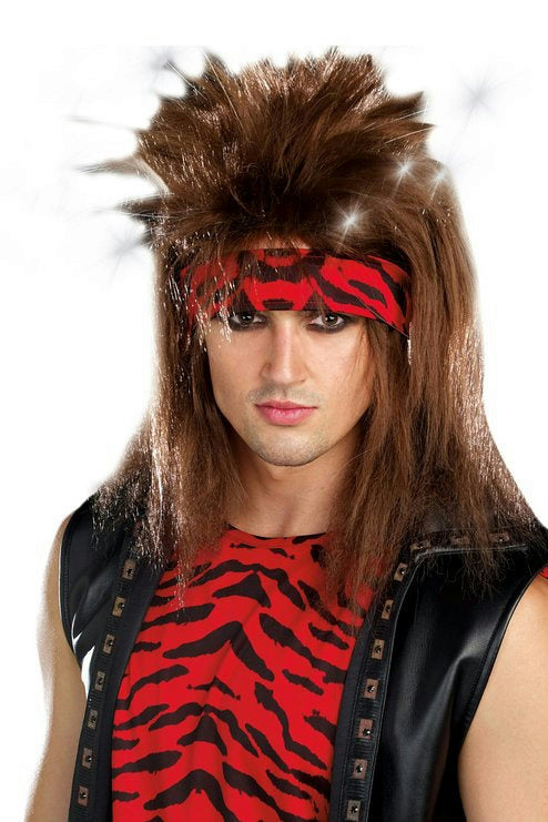 Light-up Brown Mullet Style Unisex Rocker Adult Costume Wig