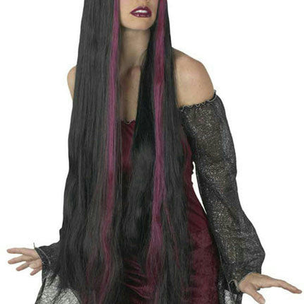 36" Black and Burgundy Long Streaked Witch Wig
