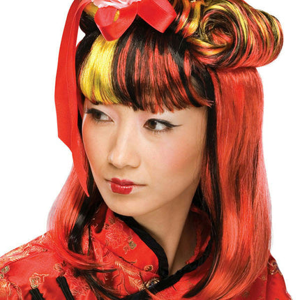 Red Dragon Lady Red and Black Geisha Partial Updo Wig with Flower and Ribbons