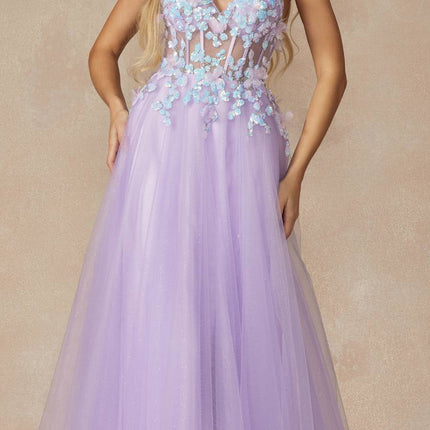 Juliet 2401 Floor Length A-Line Tulle Gown with Detachable Puff Sleeves