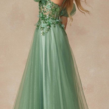 Juliet 2401 Floor Length A-Line Tulle Gown with Detachable Puff Sleeves