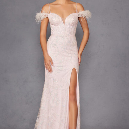 Juliet 2402 Glitter Leaf Sequin Gown with Feathered Sleeves and Slit