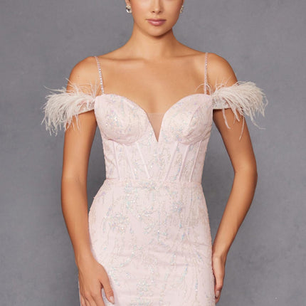 Juliet 2402 Glitter Leaf Sequin Gown with Feathered Sleeves and Slit