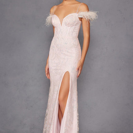 Juliet 2402 Glitter Leaf Sequin Gown with Feathered Sleeves and Slit