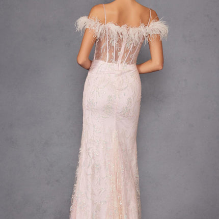 Juliet 2402 Glitter Leaf Sequin Gown with Feathered Sleeves and Slit