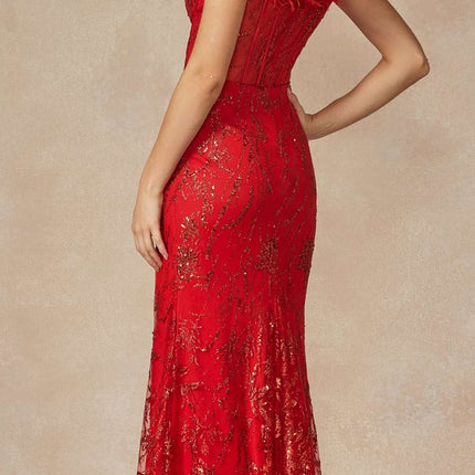 Juliet 2402 Glitter Leaf Sequin Gown with Feathered Sleeves and Slit