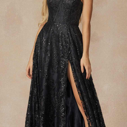 Juliet 2403 Long Butterfly Glitter Embroidered Gown with Corset Top