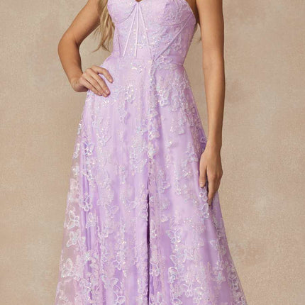 Juliet 2403 Long Butterfly Glitter Embroidered Gown with Corset Top