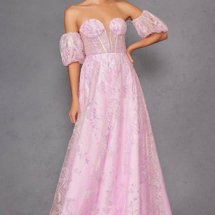 Juliet 2404 Strapless Sequin Tulle Ballgown Removable Puff Sleeves