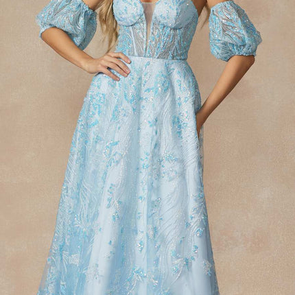 Juliet 2404 Strapless Sequin Tulle Ballgown Removable Puff Sleeves