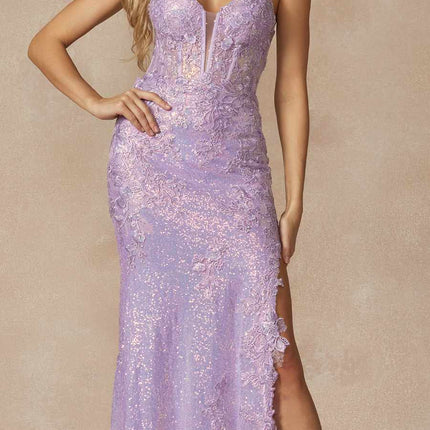 Juliet 2405 Machine Sequin Lace Embellishments High Slit Prom Gown