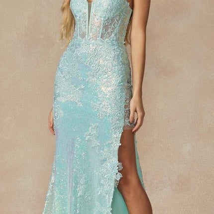 Juliet 2405 Machine Sequin Lace Embellishments High Slit Prom Gown