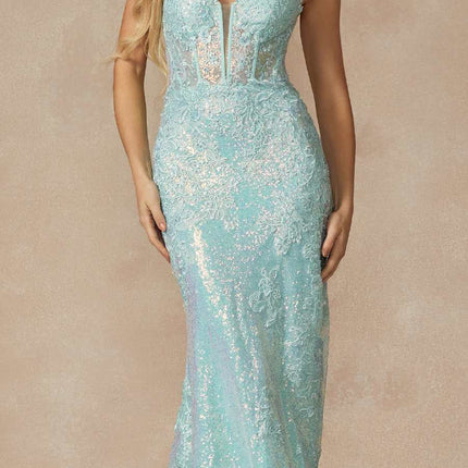 Juliet 2405 Machine Sequin Lace Embellishments High Slit Prom Gown