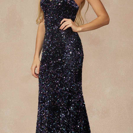 Juliet 2406 Velvet Sequin Fitted Gown V-Neckline Lace Up Back