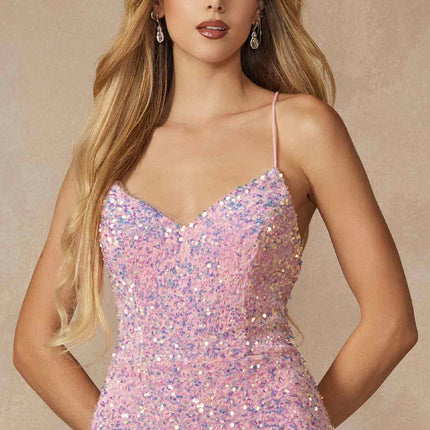 Juliet 2406 Velvet Sequin Fitted Gown V-Neckline Lace Up Back