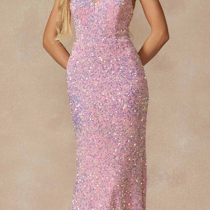Juliet 2406 Velvet Sequin Fitted Gown V-Neckline Lace Up Back