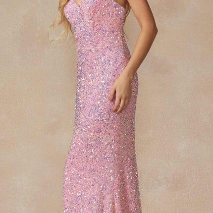 Juliet 2406 Velvet Sequin Fitted Gown V-Neckline Lace Up Back
