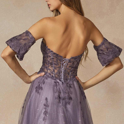 Juliet 2409 Floor Length A-Line Leaf Embroidered Gown Detachable Sleeves