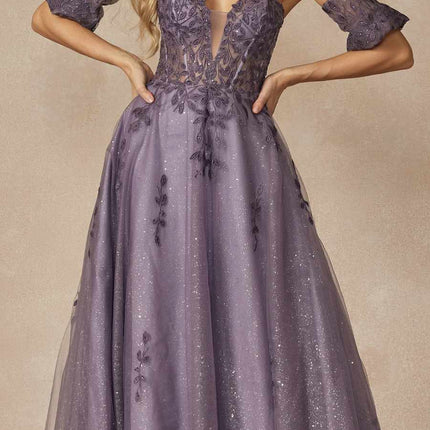 Juliet 2409 Floor Length A-Line Leaf Embroidered Gown Detachable Sleeves
