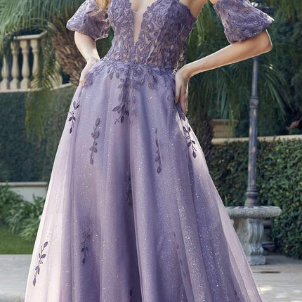 Juliet 2409 Floor Length A-Line Leaf Embroidered Gown Detachable Sleeves