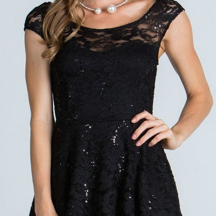 CLEARANCE - La Scala 24111 Lace Cap Sleeves Short Black Dress