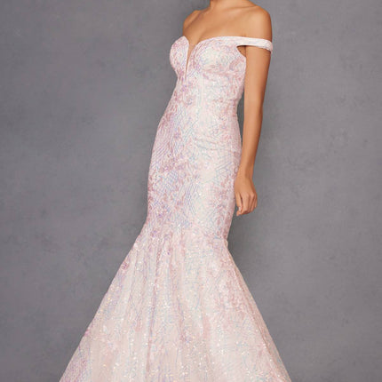 Juliet 2412 Mermaid Gown Plunging Deep V Illusion Neckline Off the Shoulder