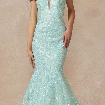 Juliet 2412 Mermaid Gown Plunging Deep V Illusion Neckline Off the Shoulder