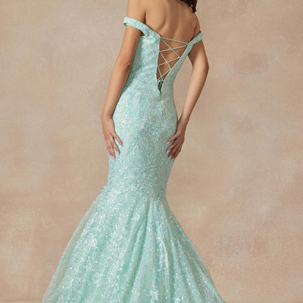 Juliet 2412 Mermaid Gown Plunging Deep V Illusion Neckline Off the Shoulder
