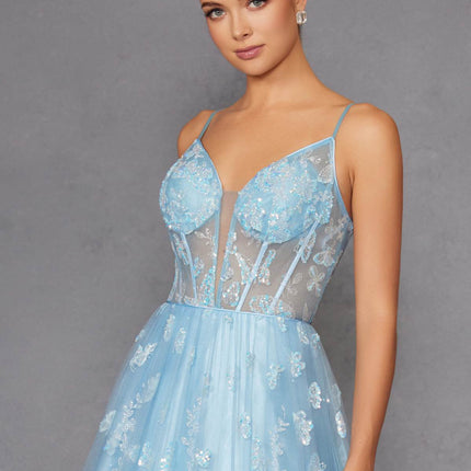 Juliet 2413 Long Butterfly Glitter Embroidered A-Line Gown with Corset Top