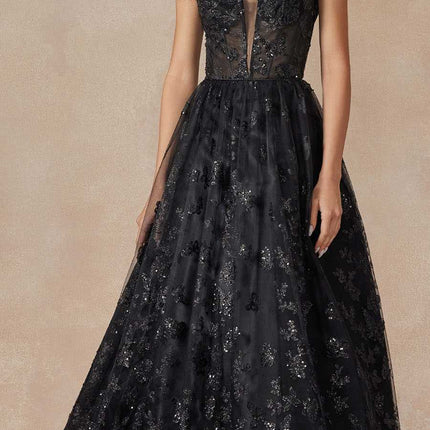 Juliet 2413 Long Butterfly Glitter Embroidered A-Line Gown with Corset Top