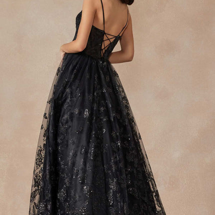 Juliet 2413 Long Butterfly Glitter Embroidered A-Line Gown with Corset Top