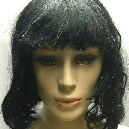 Black Silver Tinsel Bob Wig With Bangs Sparkle Cleopatra