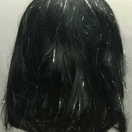 Black Silver Tinsel Bob Wig With Bangs Sparkle Cleopatra