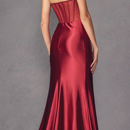 Juliet 2416 Floor Length Strapless Sheer Boned Bodice Slit Satin Dress