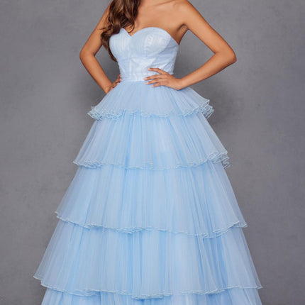 Juliet JT2452K Long Pleated Strapless Tiered Ruffle Tulle A-Line Gown