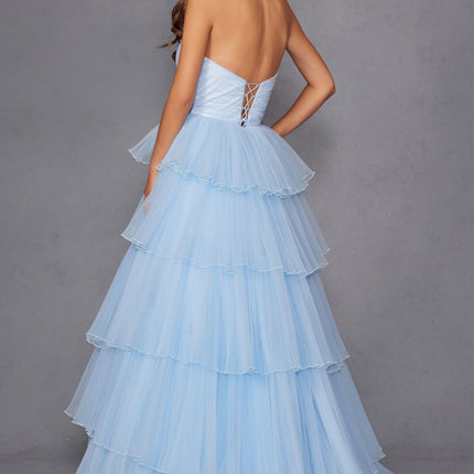 Juliet JT2452K Long Pleated Strapless Tiered Ruffle Tulle A-Line Gown