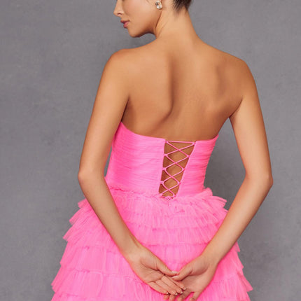 Juliet JT2456H Long Strapless Keyhole Tiered Ruffled Tulle A-Line Gown