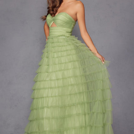 Juliet JT2456H Long Strapless Keyhole Tiered Ruffled Tulle A-Line Gown