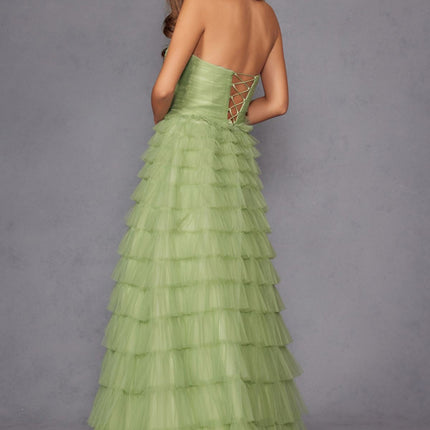 Juliet JT2456H Long Strapless Keyhole Tiered Ruffled Tulle A-Line Gown