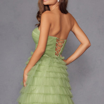Juliet JT2456H Long Strapless Keyhole Tiered Ruffled Tulle A-Line Gown