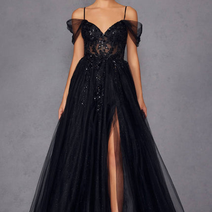 Juliet JT2466A Long Cold Shoulder Sweetheart Corset Bodice A-Line Gown