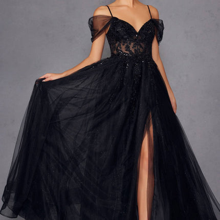 Juliet JT2466A Long Cold Shoulder Sweetheart Corset Bodice A-Line Gown