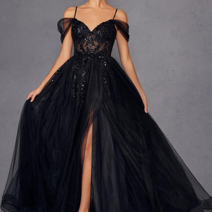 Juliet JT2466A Long Cold Shoulder Sweetheart Corset Bodice A-Line Gown
