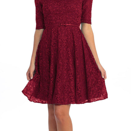 CLEARANCE - Celavie 2367 Burgundy Short Lace Dress Mid Sleeves (Size S)