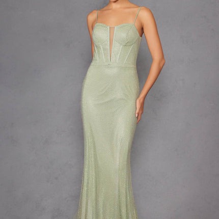 Juliet JT2470S Long V-Neck Boned Bodice Fitted Net Mesh Formal Dress