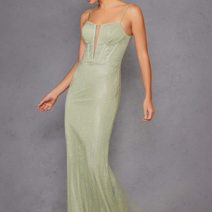 Juliet JT2470S Long V-Neck Boned Bodice Fitted Net Mesh Formal Dress