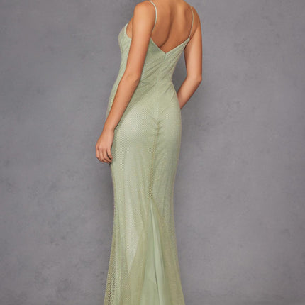 Juliet JT2470S Long V-Neck Boned Bodice Fitted Net Mesh Formal Dress