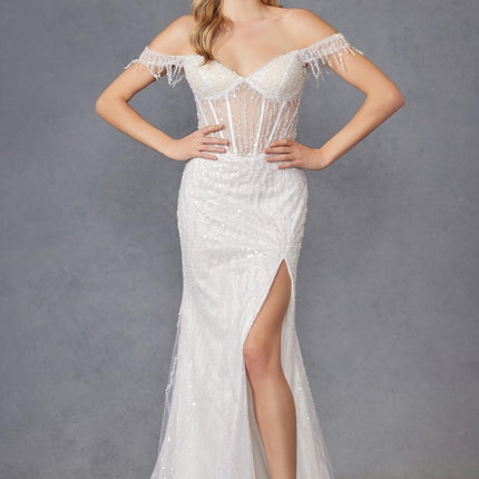 Juliet JT2471LW Long Off the Shoulder Fringe Sleeve Fitted Wedding Gown